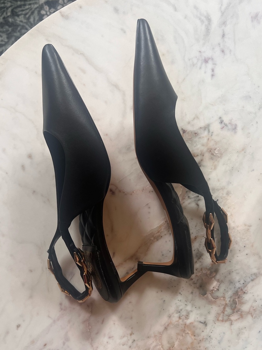 NWOT Vince Camuto Black Pointed Slingback Flats with Gold Buckle - Picture 3 of 5